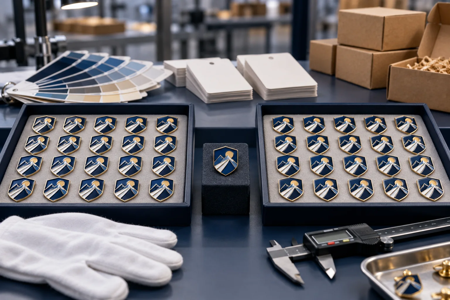 Two matching custom pin production batches prepared for consistency inspection